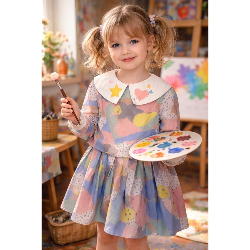 Raspberry Plum‎ Girls 5-6Y Colorful Patchwork Art Smock Dress Star Heart Collar